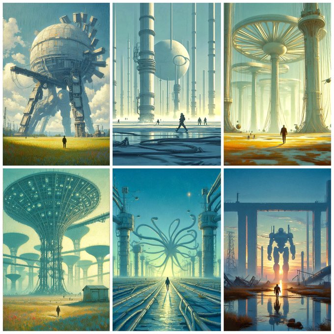 The image is a collage of six sci-fi concept art pieces featuring a lone figure dwarfed by massive alien megastructures—spherical installations, towering pillars, mushroom-shaped platforms, a giant octopus-like entity, and a colossal robot—all rendered in a muted teal and beige palette that evokes solitude and awe. This visual aligns with the post's "Solitary Among Giants" theme, illustrating the artist's concept of a lone character confronting overwhelming, otherworldly environments on #TezosTuesday.