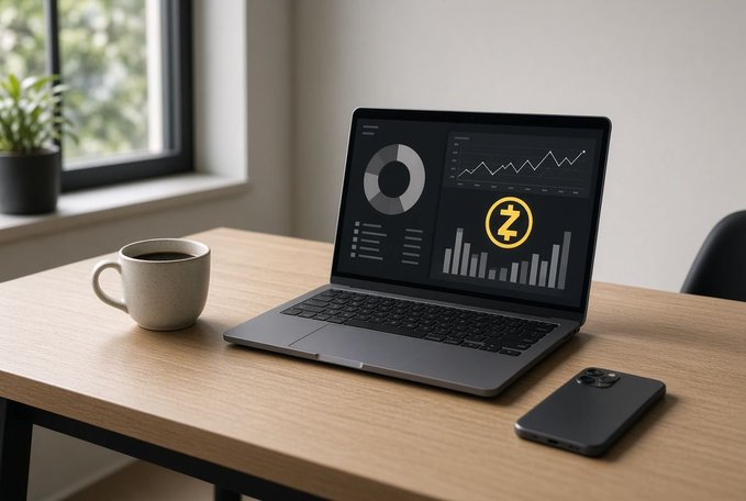 A minimalist wooden desk holds a gray laptop displaying financial charts and a yellow Z logo, alongside a white coffee mug and a smartphone, with a window showing greenery in the background.