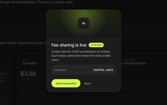 A mobile app popup confirming 'Fee sharing is live' for a token called CUM, showing a distributor address and buttons to view transaction or done.