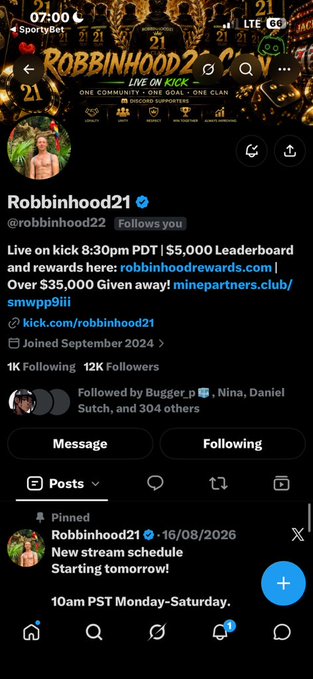 A Twitter/X profile for verified user @robbinhood21 (@robbinhood22) advertising 'Live on kick 8:30pm PDT | $5,000 Leaderboard and rewards here: robbinhoodrewards.com' with 12K Followers.