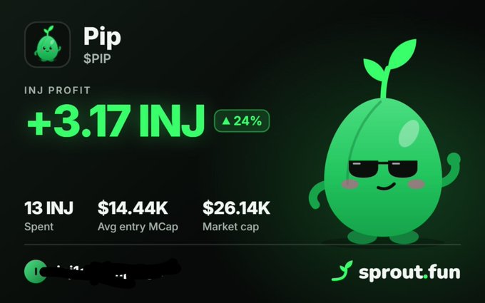 A promotional graphic for "sprout.fun" features a green leaf-like mascot wearing sunglasses, displaying a token "Pip $PIP" with an "INJ PROFIT" of "+3.17 INJ" and a 24% increase.