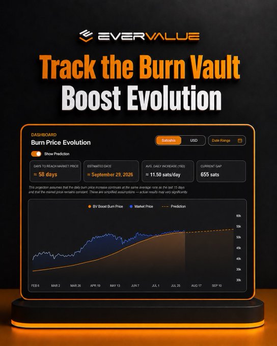 EverValue promotional graphic titled "Track the Burn Vault Boost Evolution" showing a dashboard with a Burn Price Evolution chart displaying metrics like "Days to Reach Market Price ≈ 58 days" and an estimated date of September 29, 2026.