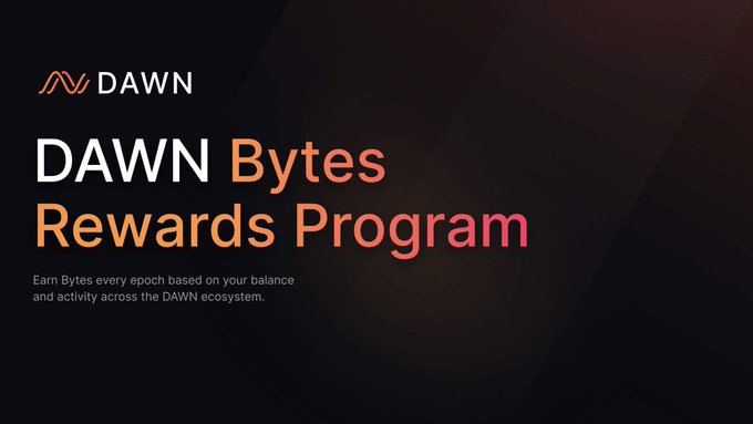 The image is a promotional banner for "DAWN Bytes Rewards Program" with the DAWN logo, featuring text that reads "Earn Bytes every epoch based on your balance and activity across the DAWN ecosystem," visually aligning with the post's announcement about DAWN's upcoming points program, Bytes, which will reward users based on their holdings and activity.