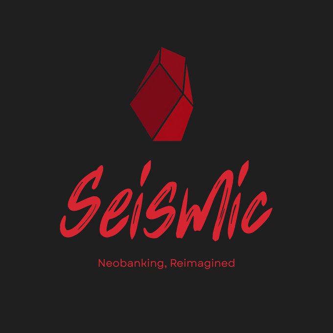 A logo for 'Seismic' displayed in red script font with a red geometric crystal icon above it, accompanied by the tagline 'Neobanking, Reimagined' on a black background.