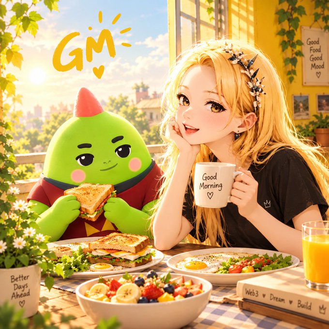 An anime-style illustration featuring a blonde girl holding a 'Good Morning' coffee mug next to a green creature eating a sandwich, with 'GM' written in the sky and various food items on the table.