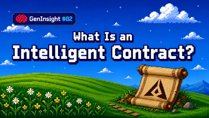 Pixel-art style banner titled 'GenInsight #02: What Is an Intelligent Contract?' featuring a scroll with the Avalanche logo on a grassy hill under a blue sky.