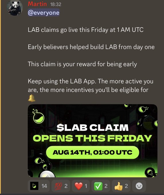 A Telegram message from 'Martin' at 18:32 announcing that '$LAB CLAIM OPENS THIS FRIDAY AUG 14TH, 01:00 UTC' for early believers.