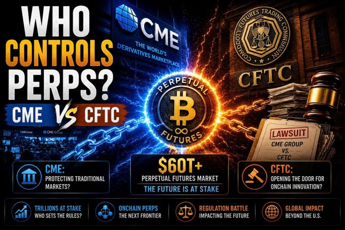 A promotional graphic asking 'WHO CONTROLS PERPS?' depicting a battle between CME Group and CFTC over the $60T+ perpetual futures market, featuring Bitcoin imagery and chains.