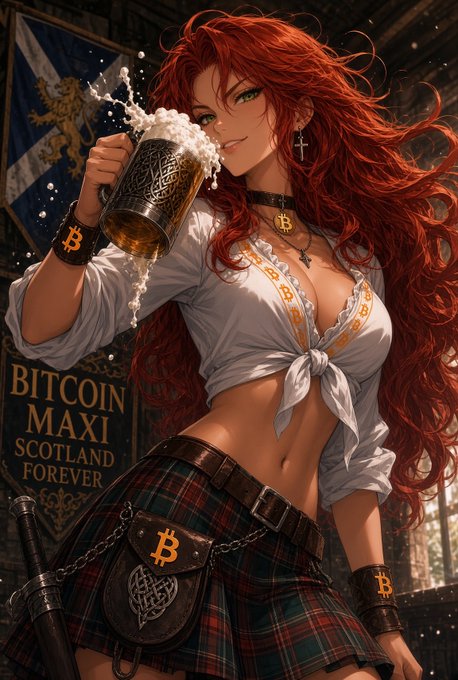 An anime-style illustration of a red-haired woman drinking from a beer mug, wearing a 'BITCOIN' sash and Bitcoin-themed accessories, with a banner reading 'BITCOIN MAXI SCOTLAND FOREVER'.