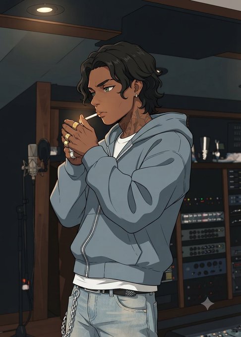 An anime-style illustration of a young man with dark curly hair wearing a gray hoodie and jeans, lighting a cigarette in a recording studio with a microphone and mixing equipment visible.