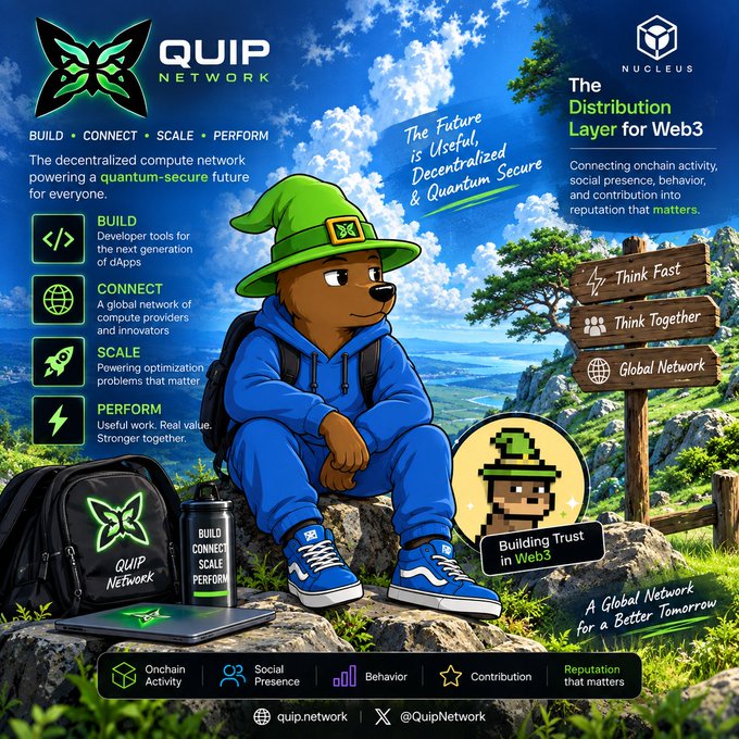 A promotional graphic for QUIP Network features a cartoon bear mascot in green wizard attire alongside key text including "QUIP NETWORK," "The Distribution Layer for Web3," "BUILD • CONNECT • SCALE • PERFORM," and "@QuipNetwork." Signposts highlight "Think Fast," "Think Together," and "Global Network," while a callout reads "Building Trust in Web3." The image visually supports the post's theme by illustrating the surrounding ecosystem challenges of quantum computing—access, verification, pricing, and coordination—rather than the hardware itself.
