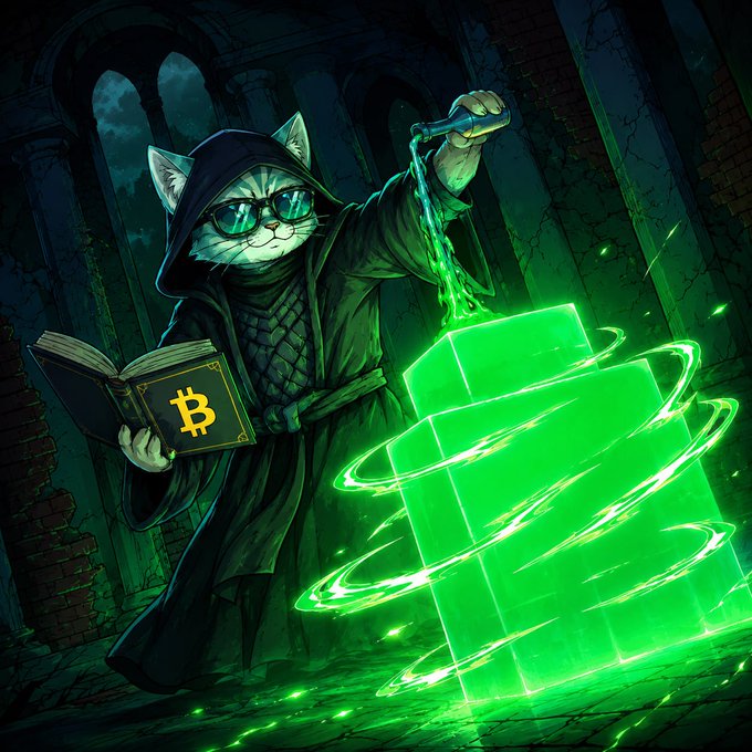 A digital illustration of a cat in a dark hooded robe and sunglasses holding a book with a Bitcoin symbol on the cover, casting green magical energy that forms a glowing green cube shape.