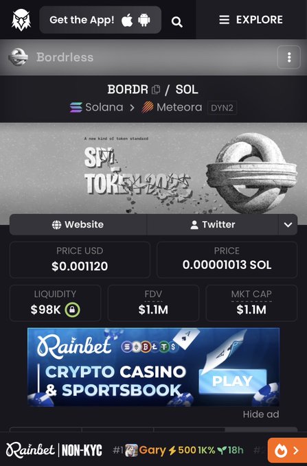 A mobile screenshot of the Bordless app showing BORDR/SOL token data on Solana and Meteora DEX, with a price of $0.001120 and market cap of $1.1M, plus a Rainbet ad.