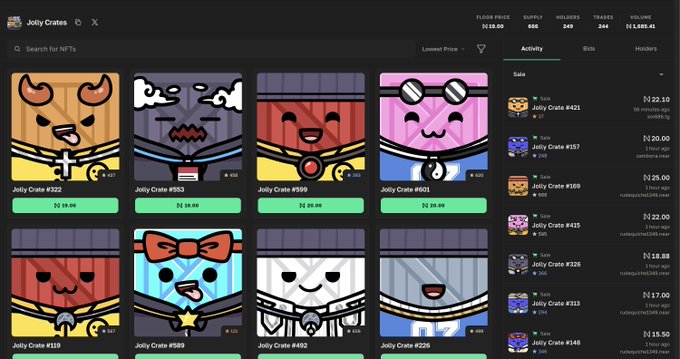 A marketplace interface for 'Jolly Crates' NFTs displaying colorful anime-style crate characters with various prices in Nigerian Naira (₦).