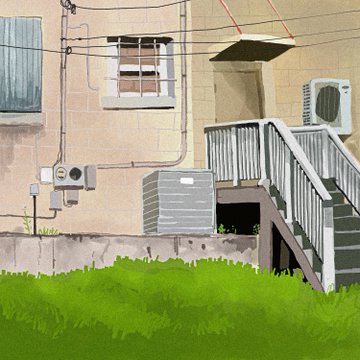 The back of a tan building featuring an air conditioning unit, electrical boxes, a wooden staircase, and overgrown green grass in the foreground.