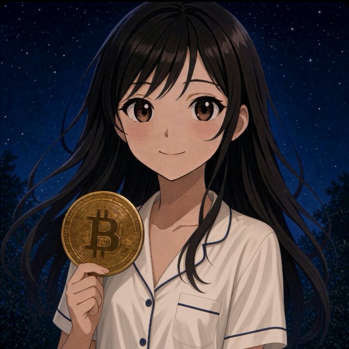 An anime-style illustration of a dark-haired girl with a gentle smile holding a golden Bitcoin coin against a starry night sky background.