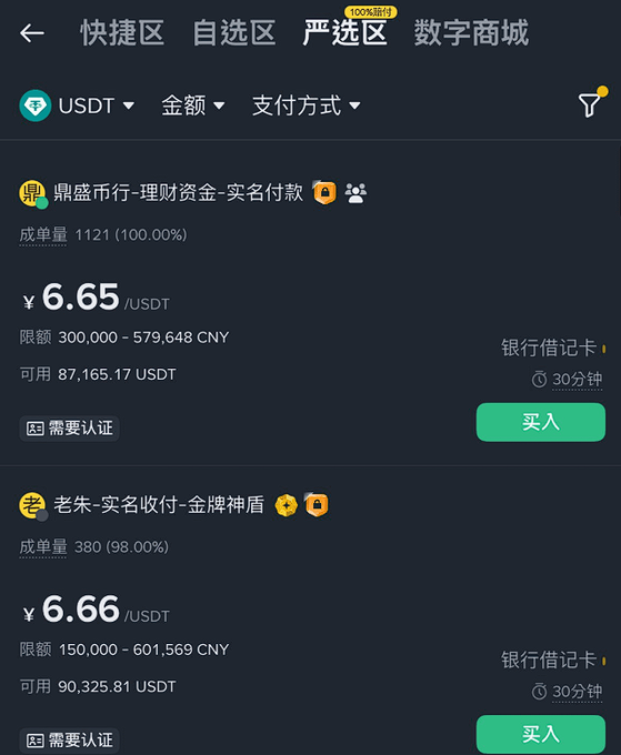 A Chinese P2P cryptocurrency exchange listing two sellers offering USDT at ¥6.65 and ¥6.66 per token via bank transfer, showing high available balances (87,165 and 90,325 USDT) and recent trade volumes, which visually represents the on-the-ground supply of US dollars being converted offshore following the yuan's depreciation past 6.7 and a record $119 billion monthly export surplus.