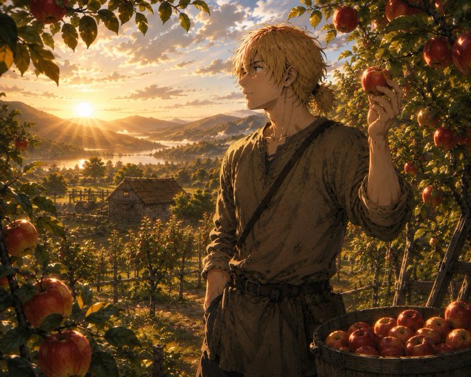 A blonde young man in a simple tunic picks ripe red apples from an orchard at sunrise, with a wooden basket of harvested fruit beside him. The pastoral, golden-hued scene complements the cheerful morning greeting by evoking the peaceful start of a new day and the fruits of labor.