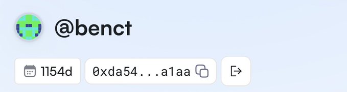 A user profile card for "@benct" showing an ENS/address "0xda54...a1aa", 1154 days active, and a copy icon.