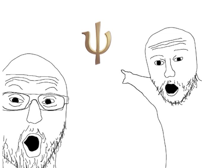 A crude MS Paint-style meme showing two bald, bearded wojak characters with shocked, open-mouthed expressions, with the bearded one on the right pointing toward a Greek psi (ψ) symbol floating between them.