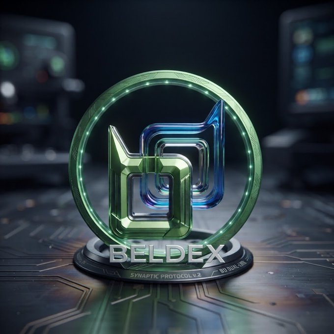 A futuristic 3D graphic features a glowing green circular emblem with blue and green geometric shapes, resting on a base with the text 'BELDEX' and 'SYNAPTIC PROTOCOL V.2'.