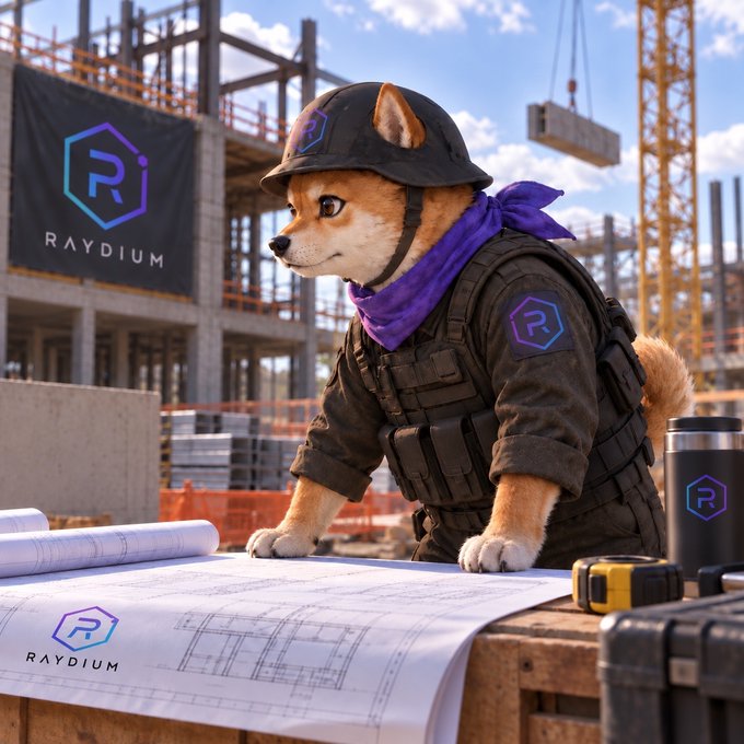 A Shiba Inu dog dressed as a construction worker with a hard hat, tactical vest, and purple bandana, standing at a construction site with Raydium branding visible on blueprints and a banner.