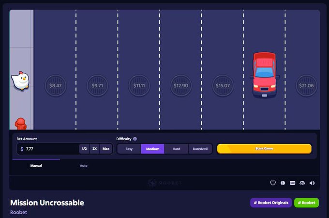 A screenshot of a Roobet 'Mission Uncrossable' betting game showing a chicken character, a red car, and various dollar amounts ($8.47 to $21.06), with a bet amount of $7.77 set on Medium difficulty.
