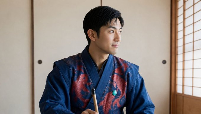 A man wearing a blue traditional Japanese garment with red patterns, holding a wooden stick, seated in a room with shoji screen doors.