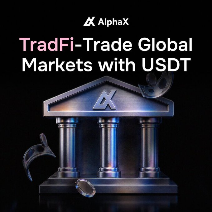 A promotional image for AlphaX with the text 'TradFi-Trade Global Markets with USDT', featuring a 3D illustration of a classical bank building with coins.