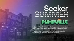 The image is a vibrant promotional graphic for "Seeker SUMMER" featuring "Pumpville" at the bottom, with sunset hues and a neon-lit cityscape background advertising NFT quests on the Ronin network. Bold text reads "Seeker SUMMER" alongside "PUMPville" and lists a quest guide by @ArtDYOR, matching the post's promotion of the latest quests on Pumpville.