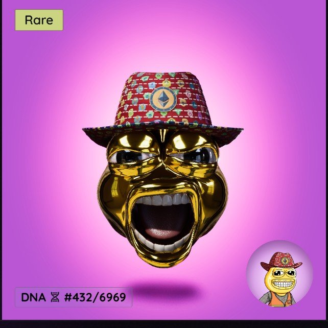 A digital collectible card featuring a golden, screaming ape-like face wearing a red patterned hat, labeled 'Rare' in the top left and 'DNA #432/6969' at the bottom, with a smaller preview image in the bottom right corner.