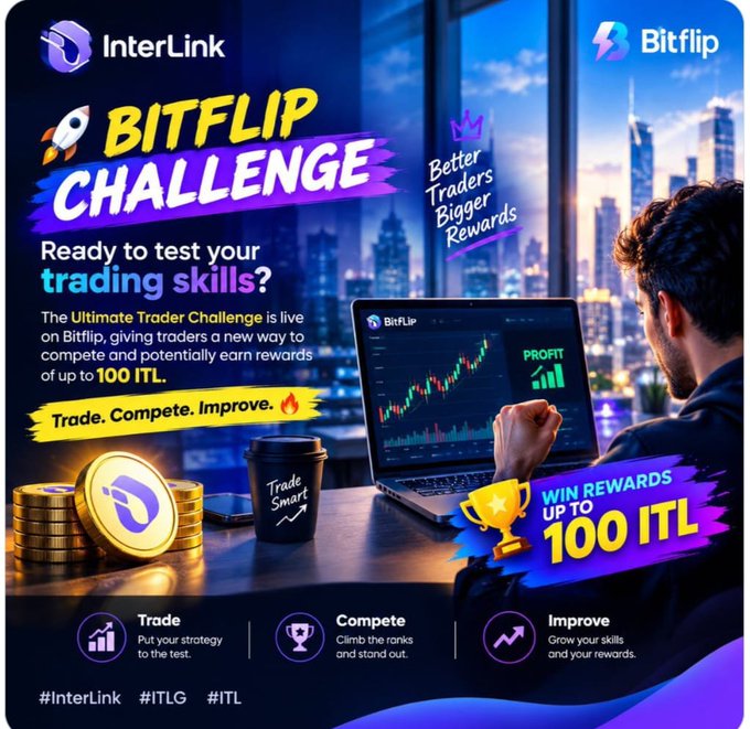 A vibrant promotional advertisement for 'InterLink' and 'Bitflip' titled 'BITFLIP CHALLENGE' featuring text about testing trading skills and winning rewards up to 100 ITL, with hashtags #InterLink #ITLG #ITL and imagery of a trader viewing a chart on a laptop.