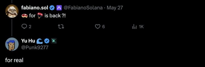 The image shows a tweet exchange between @FabianoSolana asking "🚨 for 🎯 is back ?!" and @Punk9277 replying "for real," which aligns with the post teasing the return of the Kaito S2 Airdrop and prompting users about staking $KAITO.