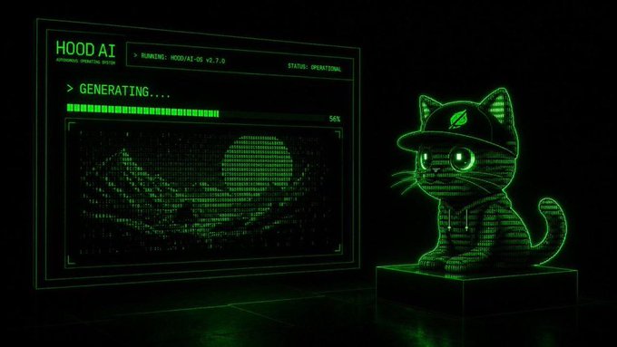 "HOOD AI Autonomous Operating System v.2.7.0 is running and operational, generating content of an AI agent. The image features a stylized cat character, likely representing the @HoodAI0x project."
