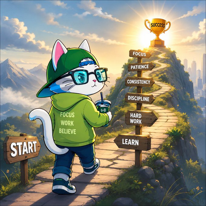 An inspirational illustration of a cat character in a green cap and 'FOCUS WORK BELIEVE' hoodie starting at a 'START' signpost, with wooden signs pointing to 'LEARN', 'HARD WORK', 'DISCIPLINE', 'CONSISTENCY', 'PATIENCE', and 'FOCUS' leading up a path to a golden 'SUCCESS' trophy.