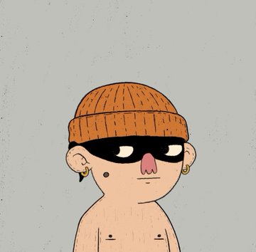 A digital illustration of a stylized cartoon character wearing an orange beanie, a black mask, and gold hoop earrings.