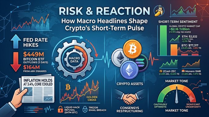 An infographic titled 'RISK & REACTION: How Macro Headlines Shape Crypto's Short-Term Pulse' displaying crypto market data, including ETH at $2,532, BTC at $77,317, and mentions of Fed rate hikes and inflation.