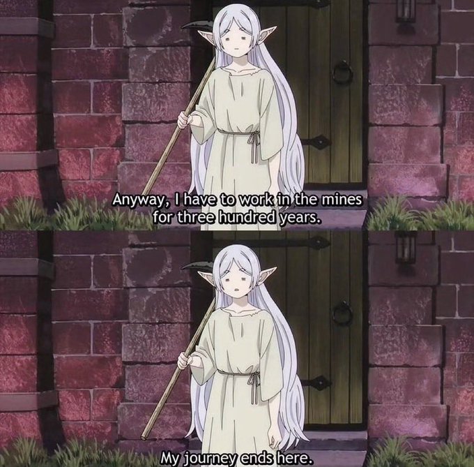 A silver-haired elf girl in a beige dress holds a staff while subtitles read "Anyway, I have to work in the mines for three hundred years" and "My journey ends here." The image humorously contrasts the "Good morning future millionaires" caption by depicting a character whose epic adventure ends not in riches, but in a 300-year sentence of labor in the mines—a relatable take on the grind behind financial success.
