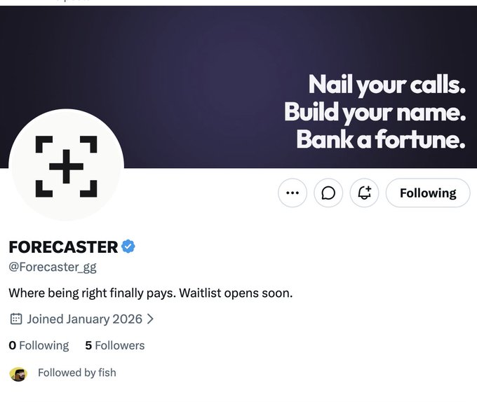 A Twitter/X profile screenshot for "FORECASTER" (@Forecaster_gg), a verified account joined January 2026 with the tagline "Where being right finally pays. Waitlist opens soon." and banner text "Nail your calls. Build your name. Bank a fortune." The post's reference to a social perp by cryptofishx and an upcoming waitlist aligns with the account's pre-launch promotional imagery teasing the platform's debut.