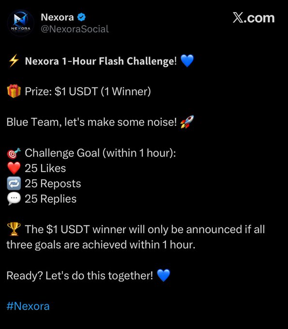 A tweet from Nexora (@NexoraSocial) announces a "1-Hour Flash Challenge" offering a $1 USDT prize to one winner who achieves 25 likes, 25 reposts, and 25 replies within an hour. The post "Is this web3 also" likely questions whether Nexora's social media engagement-based giveaway model is another example of the web3/crypto trend of gamified community incentives.