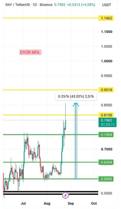 The image shows a daily candlestick chart of RAY/TetherUS (RAY/USDT) on Binance, with RAY currently trading at $0.7982 (+4.08%), having broken through key resistance levels at $0.6554 and $0.7494, and now approaching the $0.8158 yellow resistance zone with an upside target marked at $0.9018 and an extended target of $1.1462. A highlighted blue arrow projects a potential 43.02% move to $2.576, illustrating the bullish breakout from the previously identified green accumulation/support zones described in the analysis.