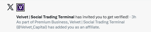 A Twitter/X notification showing that "Velvet | Social Trading Terminal" has invited the user to get verified as part of "Premium Business."