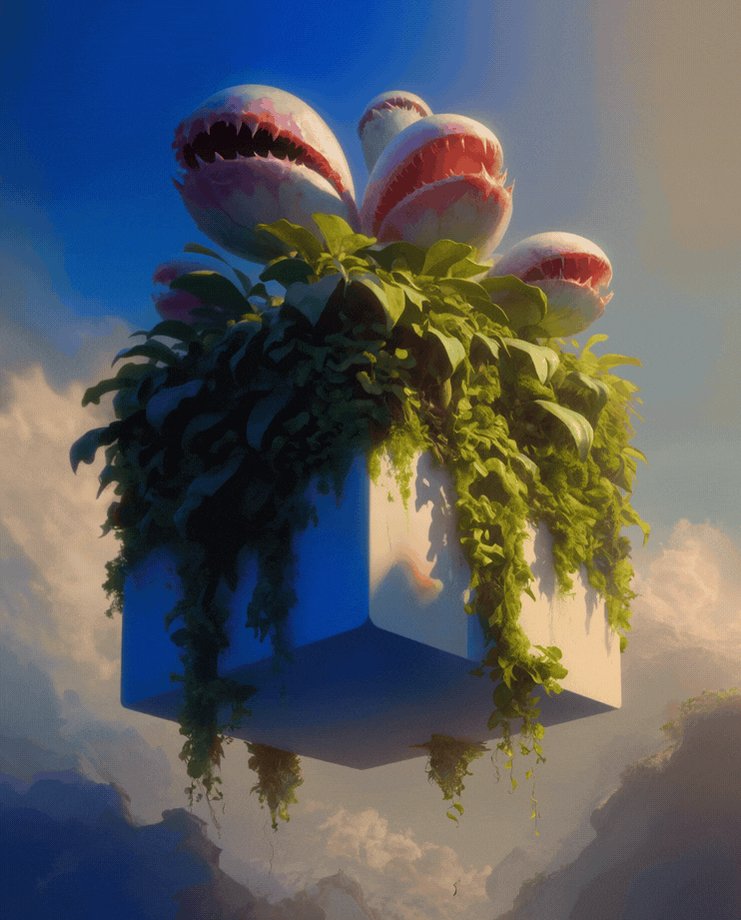The image features a square-shaped plant with green leaves growing out of it, surrounded by a blue box that has been cut in half, creating an illusion that the plant is floating in midair. The background consists of clouds, adding to the surreal atmosphere of the scene. The caption related to this image reads: "Are you hungry enough to push past perceived boundaries? New contract because if we are gonna live outside the box, we might as well create a new world Voracious Growth 1/1 available via @manifoldxyz".