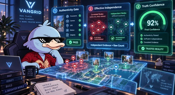 A tech-themed illustration featuring a duck mascot wearing pixelated sunglasses next to a holographic dashboard labeled 'VANGRID' showing 'Authenticity Gate', 'Effective Independence', and 'Truth Confidence 92%' with a 'Trusted Reality' badge.