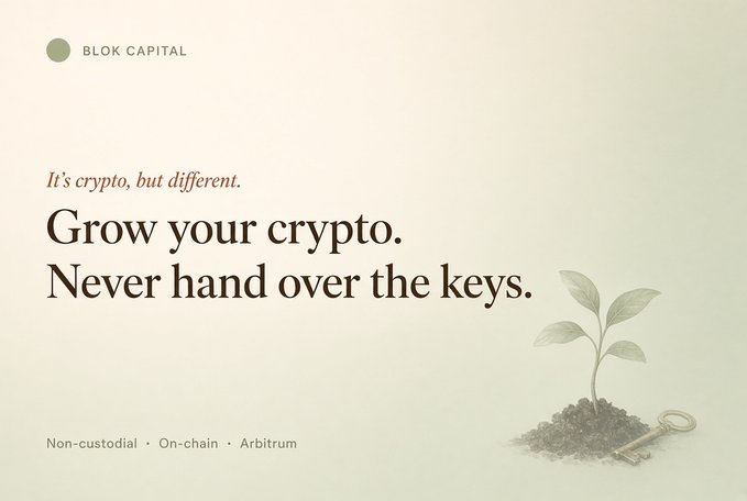 A Blok Capital advertisement with the tagline 'It's crypto, but different. Grow your crypto. Never hand over the keys.' featuring a plant growing from soil with a key.