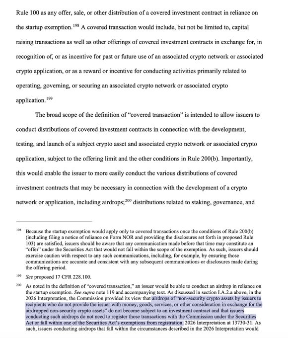 A page from an SEC interpretive release discussing Rule 100 of Regulation Crowdfunding, which defines "covered transaction" broadly to include airdrops and distributions related to staking, governance, and crypto network operation. The footnotes clarify that "non-security crypto assets" airdropped by issuers to recipients who provide no money, goods, or services in exchange do not become investment contracts and are exempt from registration—supporting the claim that certain retroactive airdrops fall outside SEC jurisdiction.