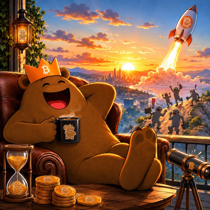 An illustration of a smiling bear wearing a Bitcoin crown, holding a coffee mug, relaxing in a chair while a rocket launches in the background.