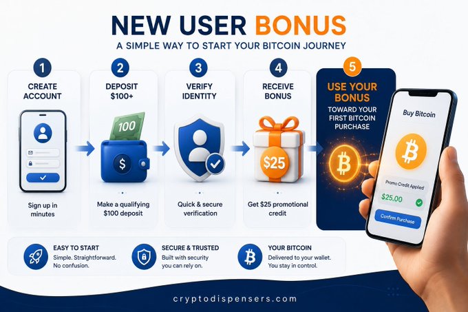 A promotional graphic for 'NEW USER BONUS' outlining a 5-step process to start a Bitcoin journey: create account, deposit $100+, verify identity, receive bonus, and use bonus toward first Bitcoin purchase, branded 'cryptodispensers.com'.