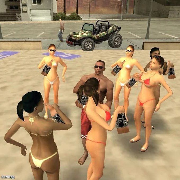 A 3D depiction of several cartoonish tropical tourists against the the backdrop of a desert parking lot in modern American setting.  According to the absence of any significant differences between the briefcase in the hands of each character and the one on the ground, as well as their type of clothing, can infer that they have all taken there's from the briefcase on the ground.
