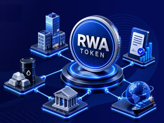 A digital graphic featuring a large central silver coin labeled 'RWA TOKEN' connected by glowing blue lines to surrounding platforms depicting buildings, oil barrels, gold bars, a bank, a globe with a ship, and a document.